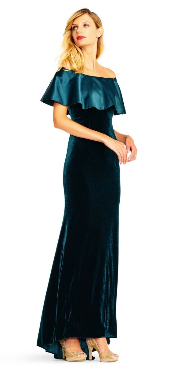 adrianna papell green velvet dress Off-The-Shoulder Gown, Womens, 2, Emerald Seams