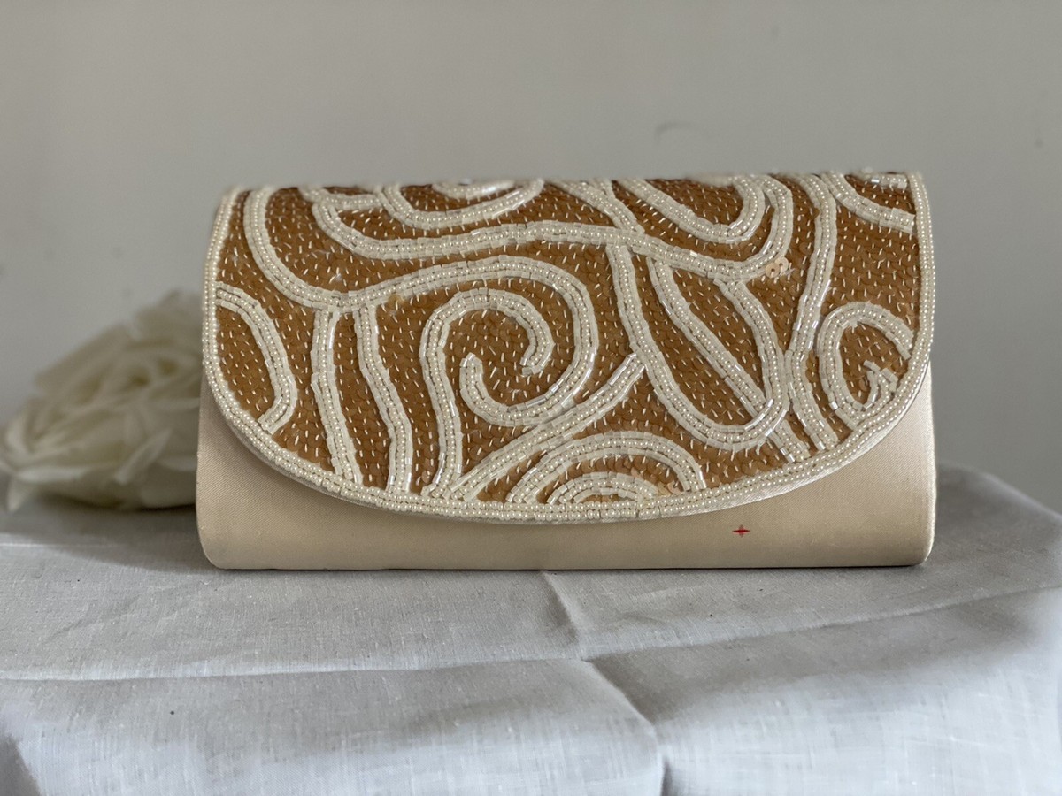 Sand/ivory Sequin And Beaded Satin Clutch Evening Handbag Le Regale Wedding  MOB