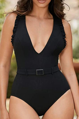 SKINNY DIPPERS MIRACLESUIT BLACK JELLY BEANS CINCH BELTED ONE PIECE SWIMSUIT M