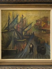 🔥 Antique American WPA Social Realism Nautical Harbor Oil Painting LICHTENSTEIN