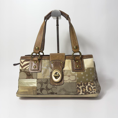 COACH 10816 Beige Signature Canvas Leather Patchwork Tote Hand Bag