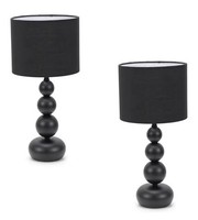 Set of 2 Matt Black Stacked Ball Bedside Light Table Lamps with Drum Shade