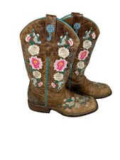 Macie Bean Girls Cowboy Boots Size 4 Brown Leather Floral Embroidered Western
