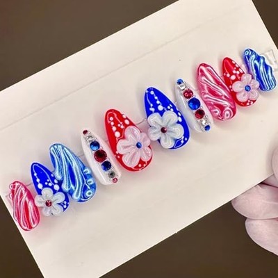 24Pcs Red White Blue Independence Day Press on Nails NEWSPIED Design Style-13