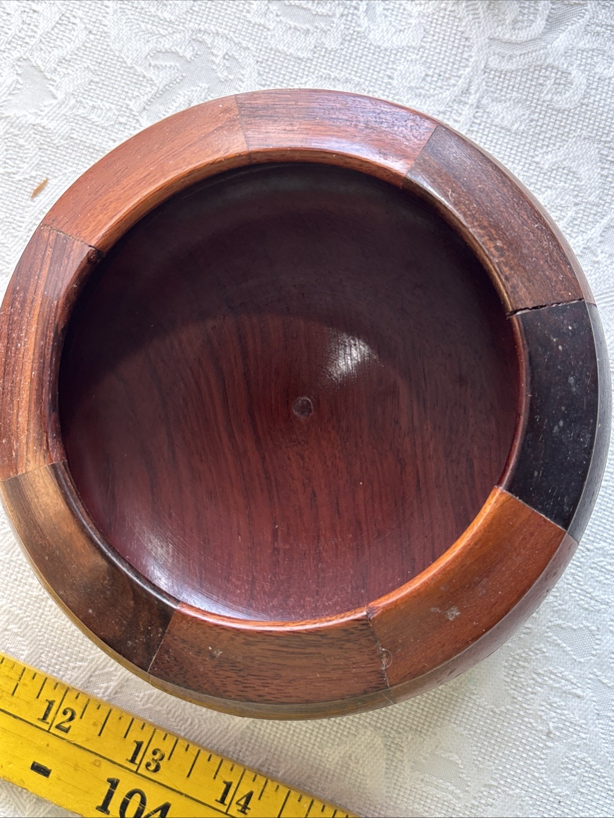 Vintage Hand Turned Lidded Wood Trinket Box Craft Marquetry 6”