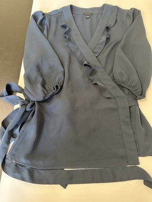 Ann Taylor Blue Ruffle Wrap V-Neck Tie 3/4 Sleeve Blouse Size 8