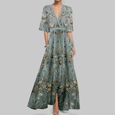 Womens High-End Dress Fashionable&Elegant V-neck Printed Tie-Fitting Skirt Dress
