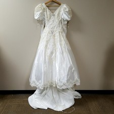 80s Eve of Milady Beaded Sequin Wedding Dress Puff Long Sleeve Ball Gown W/Veil