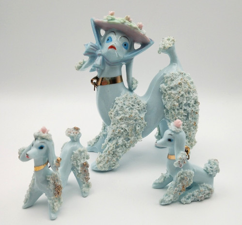 Spaghetti Poodle & Puppies Blue Porcelain Gold Trim Japan MCM 1950s Vintage