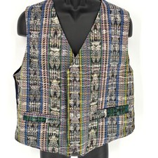 Vintage 80s Guatemalan Open Front Vest Waistcoat Blue 100 Cotton Men's Sz M/L