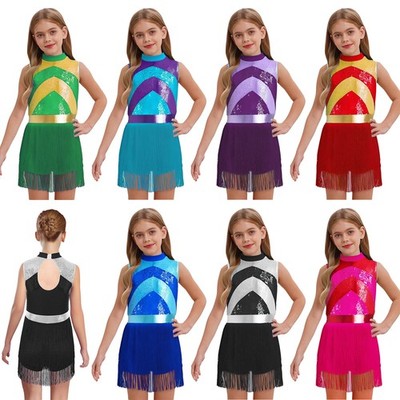 Kinder Mädchen Kleid Modern Tanzkleidung Bühne Kostüm Salsa Pailletten Bodysuit
