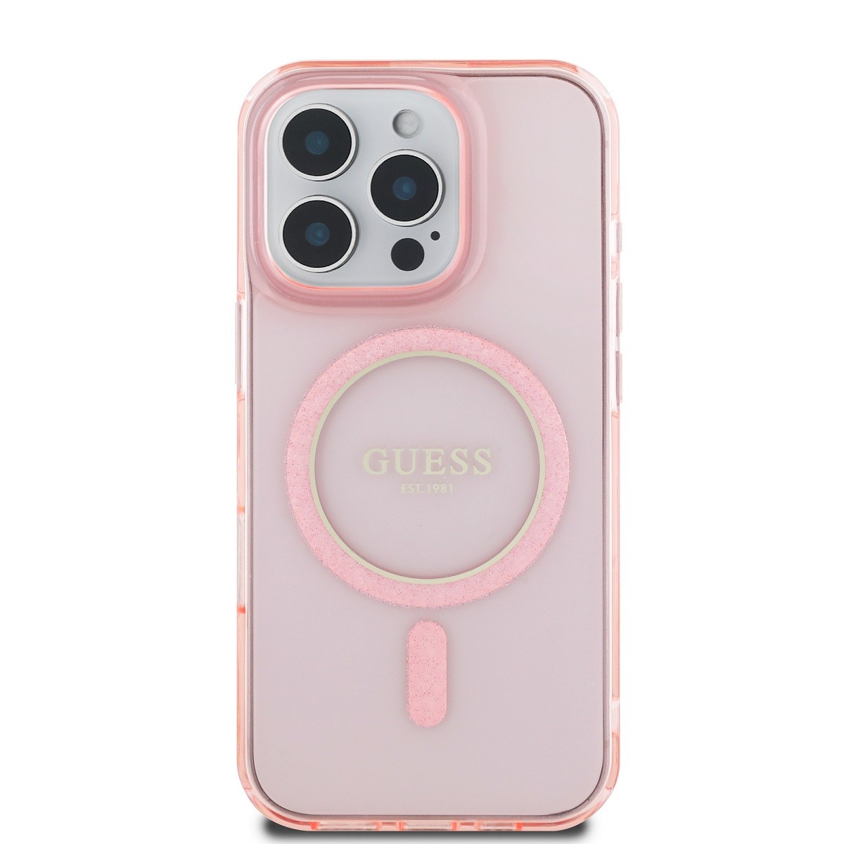 Coque iPhone 16 Pro Guess rose pailletée pour sublimer vos soirées