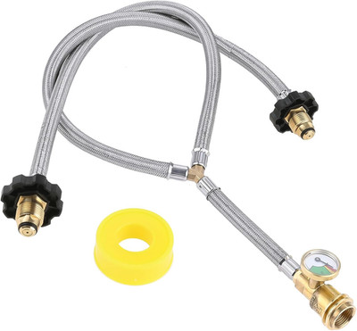 Y Type Splitter Propane Tank Converter Adapter Hose with Gauge, Stainless Braide