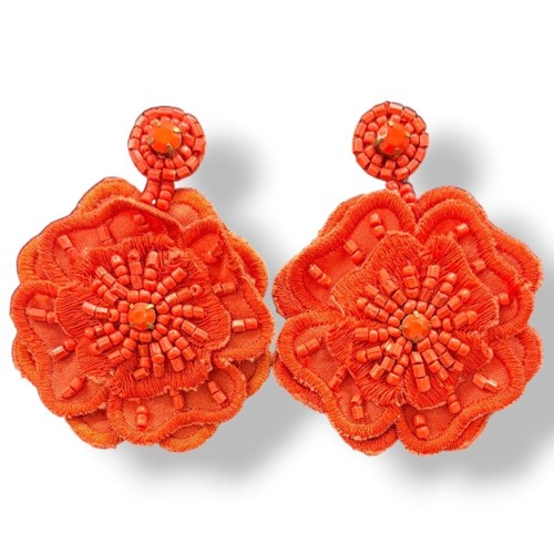 Stella & Dot Ella Grace Burnt Orange Hand-Beaded Fabric Flower Earrings