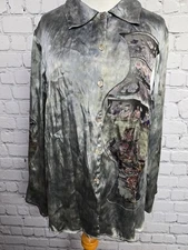 CITRON Santa Monica Silk Top Womens L Gray Japanese Kimono Button Up Blouse Art