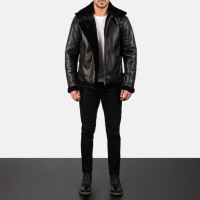 Mens Black Leather Bomber Jacket, Sheepskin, Ready to wear and Customized