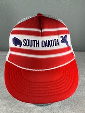 Vintage South Dakota Red White Mesh Trucker Hat Snapback Rope Buffalo Pheasant