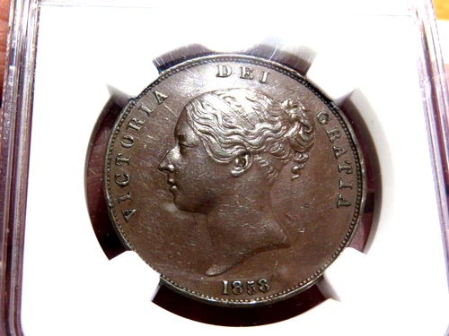 GREAT BRITAIN UK England 1 Penny 1858 /7 NGC AU/UNC Details Overdate Victoria D4
