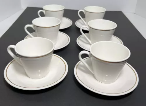 Vintage Syralite By Syracuse Set Of 6 White W/Gold Rim Tea Coffee Cups & Saucers