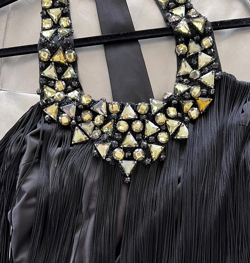 Jovani Black Faceted Green Jewel Fringe Flapper Cocktail Dress