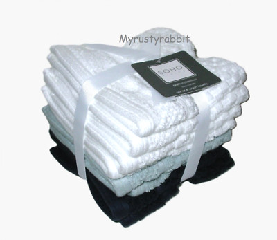 SOHO Bathroom Washcloth Set of 8 - White & Blues  Waffle Weave ~ NEW