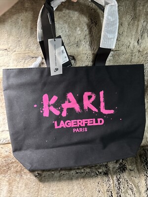 NWT KARL LAGERFELD PARIS KRISTEN BLACK CANVAS LARGE SHOPPING TOTE BAG