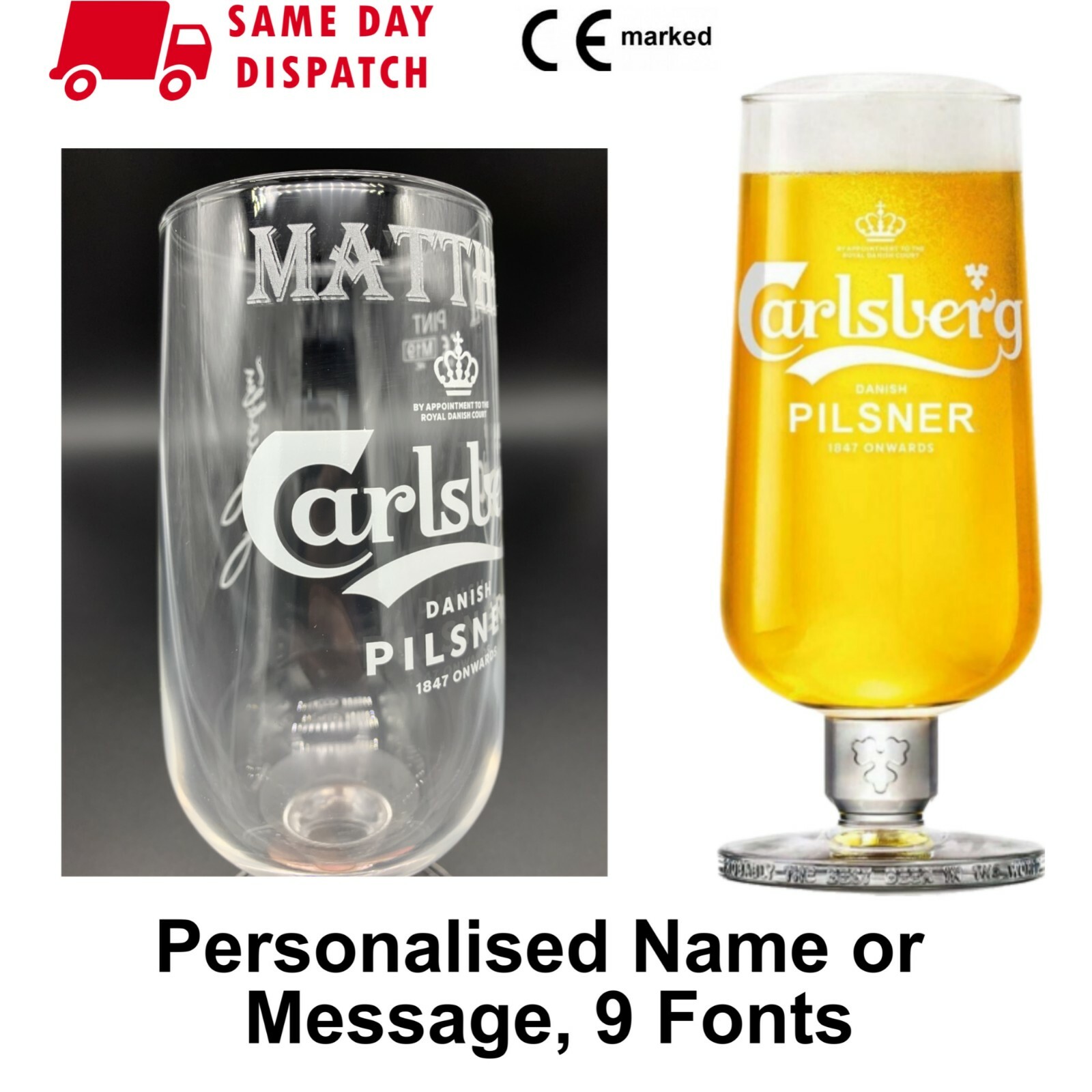 Personalised CARLSBERG Branded 1 Pint Glass NEW 20oz Nucleated Engraved Birthday
