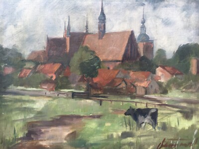 Kleinstadt Kirche Kuh Ölgemälde Brandenburg Mecklenburg Niedersachsen signiert