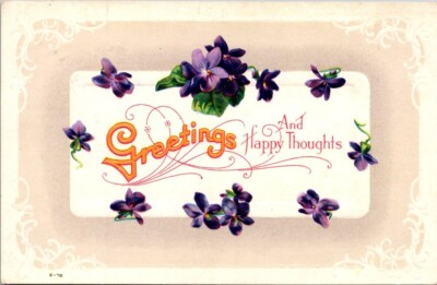 Greetings Happy Thoughts Violets Embossed Scroll Design Frame 1910s postcard EQ5