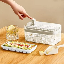 Ice Cube Tray with Lid and Bin, 2 Trays for Freezer, 64 Pc Ice Cube Mold - White