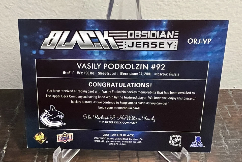 2021-22 UD SPX VASILY PODKOLZIN BLACK OBSIDIAN ROOKIE JERSEY/399 CANUCKS - Image 2 of 2