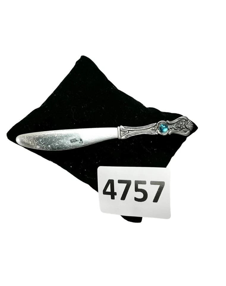 Cuchillo de peltre de plata JJ firmado de colección con broche/pin de piedra Foto 4 de 4