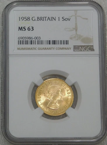 :1958 GREAT BRITAIN ELIZABETH II GOLD SOVEREIGN CHOICE NGC MS63 LOW POP RARE R3