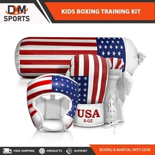 DXM SPORTS Kids Boxing Kit USA Flag Training Punching Bag Gloves & Headguard Set