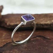 Emerald Cut Amethyst Ring-Purple Amethyst Ring Sterling Silver-Natural Amethyst