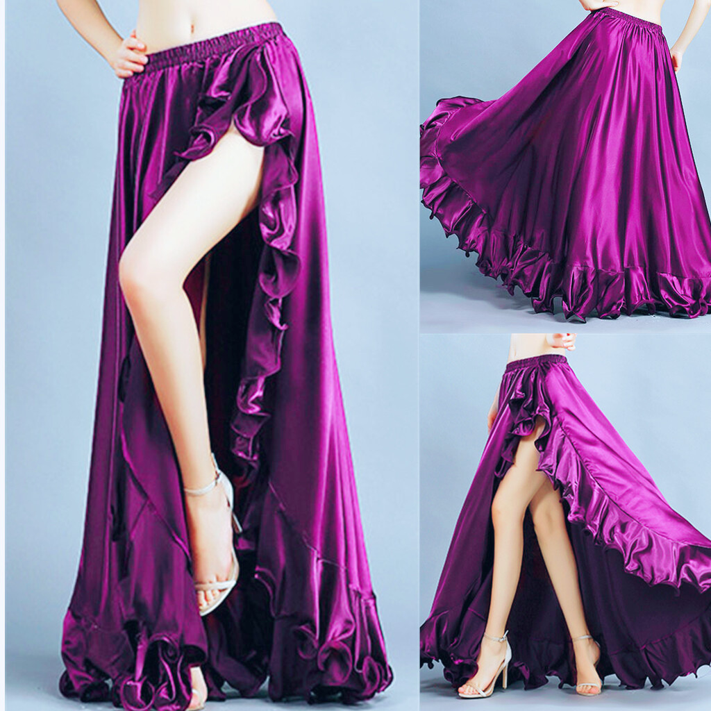 Belly Dance Satin Skirt Slit Long Dancing Skirt Tribal Skirts Dancing