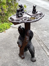 Late XIXc Swiss Black Forest Carved Walnut Bear Side Table with Tobacco Jar