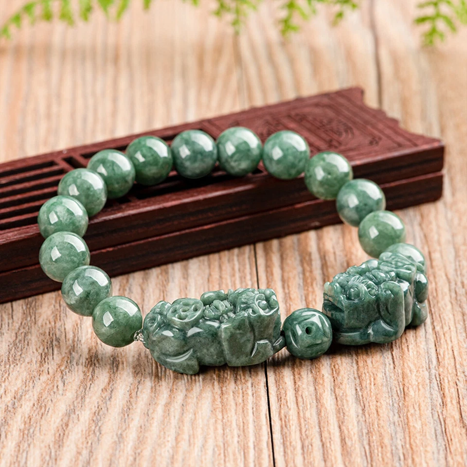 Brazalete de cuentas Pixiu moneda doble verde jadeíta grado A natural para mujer 10 mm Foto 2 de 4