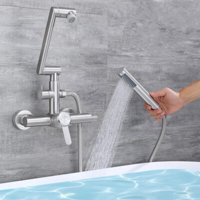 Fold Brushed Nickel Wall Mount Bathtub Faucet SUS304 Handheld Sprayer Mixer Set