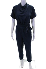 Reiss Womens Short Rolled Sleeves Slim Leg Belted Jumpsuit Navy Blue Size 2