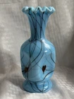 Fenton Blue & Black Art Glass Vase Ruffled Rim Abstract Pattern Impressed 763