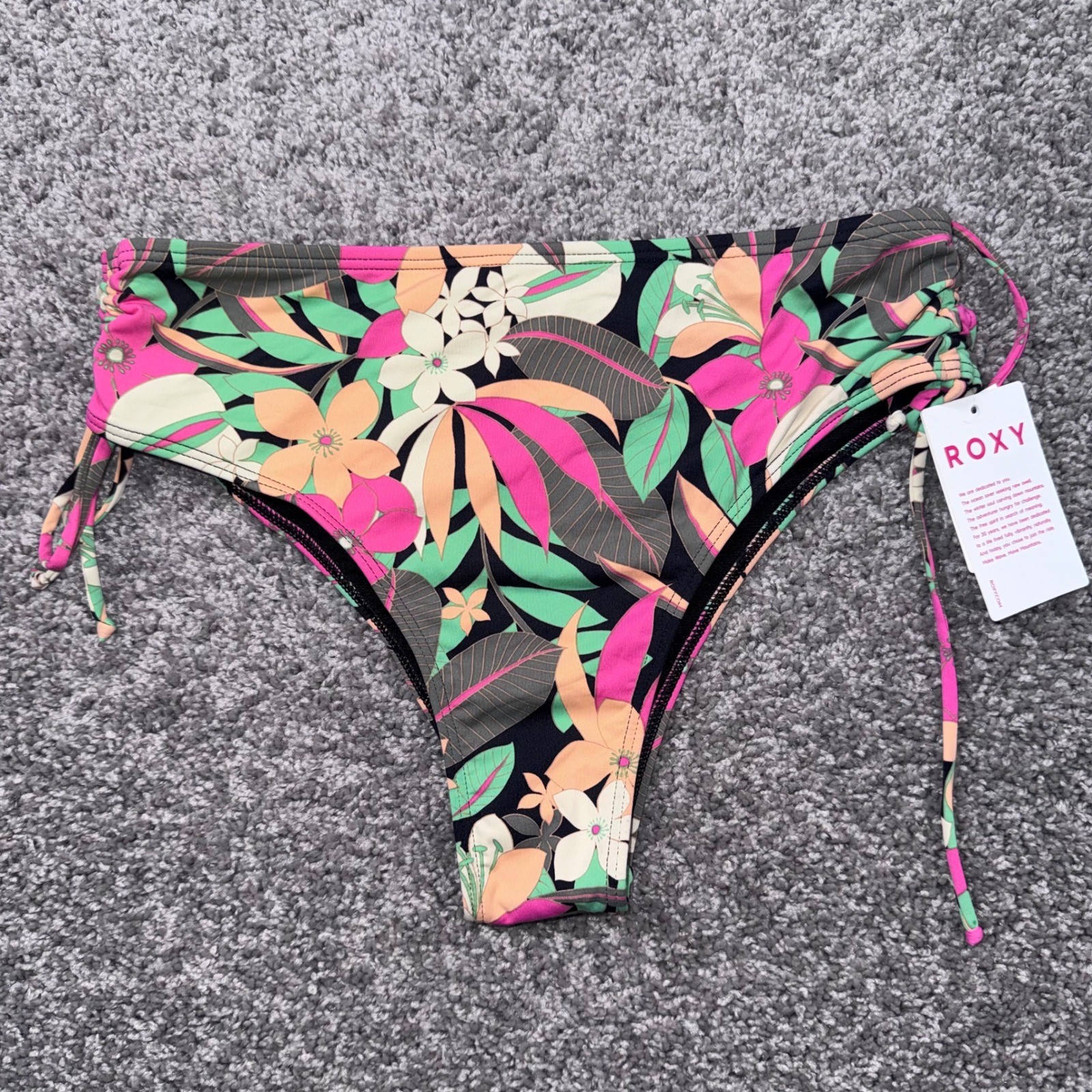 Roxy Beach Classics Mod Lace Up Bikini Bottoms Women Stretch Floral Black S NEW
