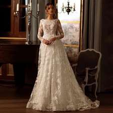 luxury Sequined Lace Wedding Dress Long Sleeve Scoop Open Back Train Bridal Gown