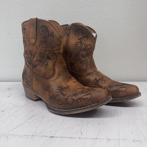 Roper Women's Embroidered Brown Faux Leather Snip Toe Western Cowboy Boots 10