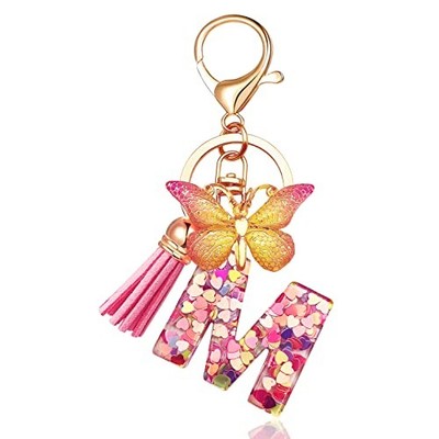 JINGUAZI Initial letter Keychains for Women Tassel Butterfly Pink Purple M-pink