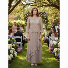 Cameron Blake by Mon Cheri Silk Gown Sz 20 Taupe Lace Sequin Formal Mother Bride