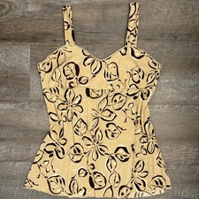 Vintage Y2K Floral Tank Beige Brown Tropical Print Cami Cottagecore Boho Fairy