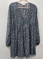 UMGEE Babydoll Dress Blue Brown Balloon Sleeve Tunic Women’s S Oversized Boho