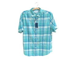 Crown & Ivy Shirt Mens Large Turquoise Blue Plaid Motion Flex Short Sleeve NWT