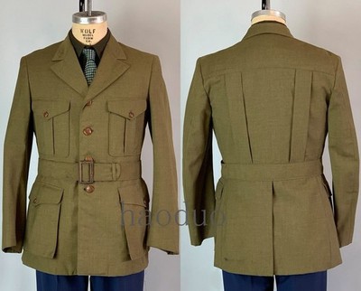 Outdoor grüne Herren Safari Jacke mit Gürtel Vintage Blazer Jagd 80er Jahre Mantel